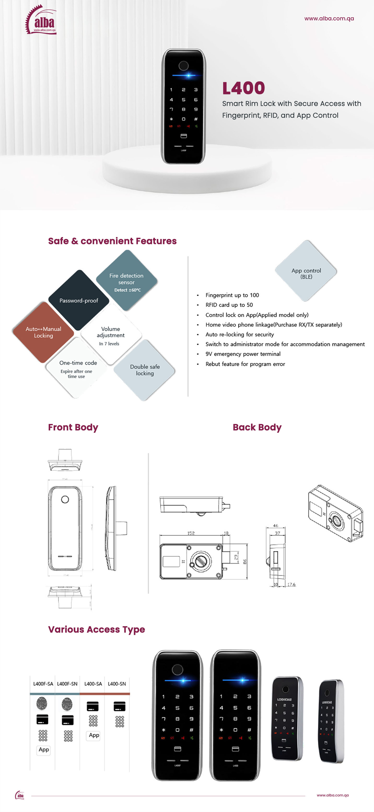 ALBA - L400 - Smart Rim Lock with Secure Access with Fingerprint, RFID ...