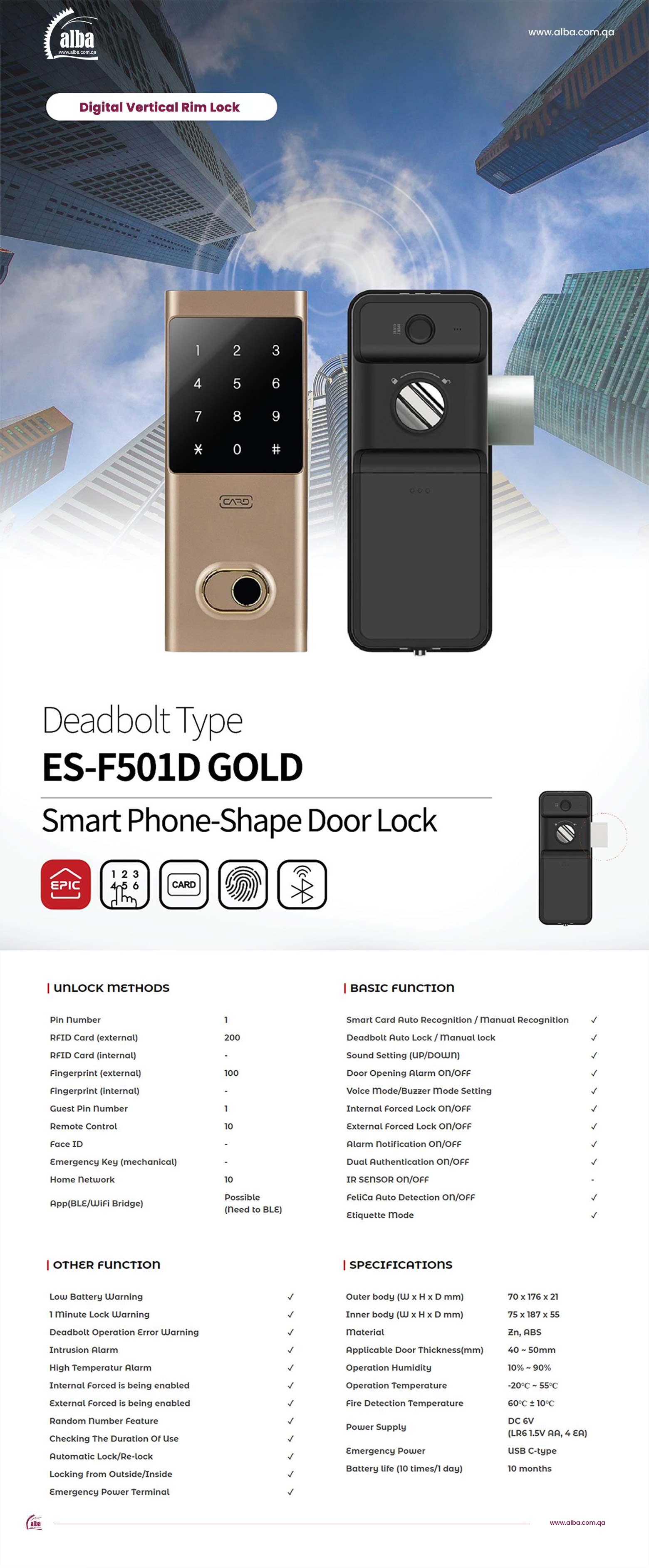 ALBA - ES-F501D - Secure Keyless Entry Smart Lock with 5-Way Access via ...