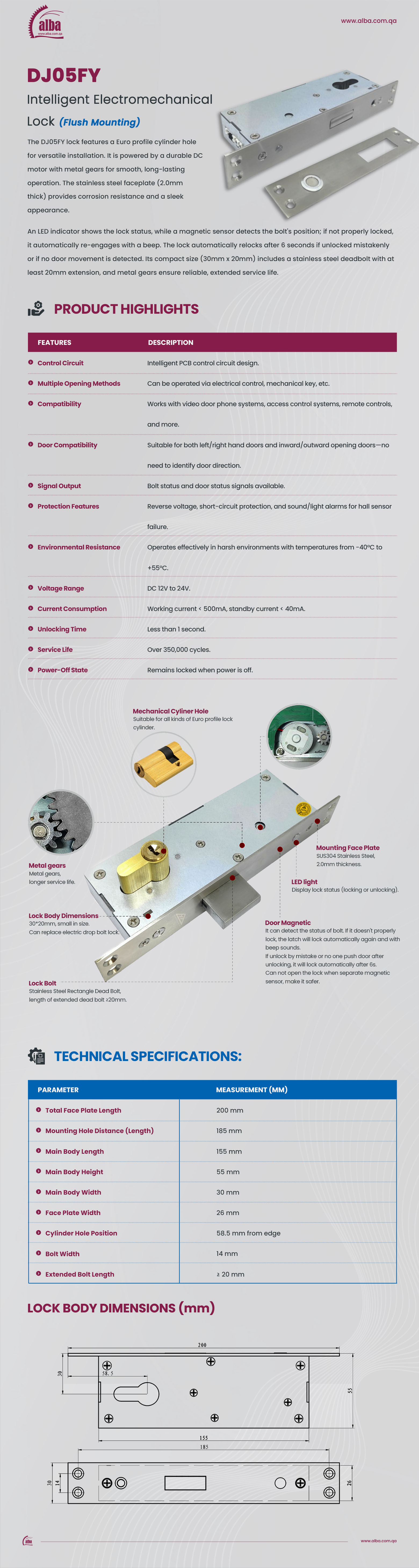ALBA - DJ05FY Electromechanical Lock – Flush Mount Smart Lock with Auto ...